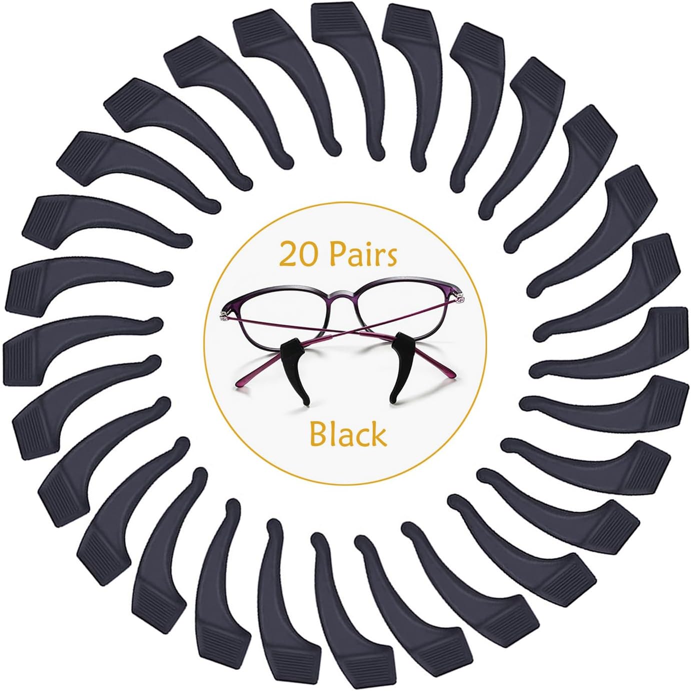 YINGFENG 20 Pairs Black Glasses Ear Grip, Comfortable Silicone Elastic Eyeglasses Temple Tips Sleeve Retainer, Silicone Ear Hook - for Eyewear Glasses, Sports Eyeglasses
