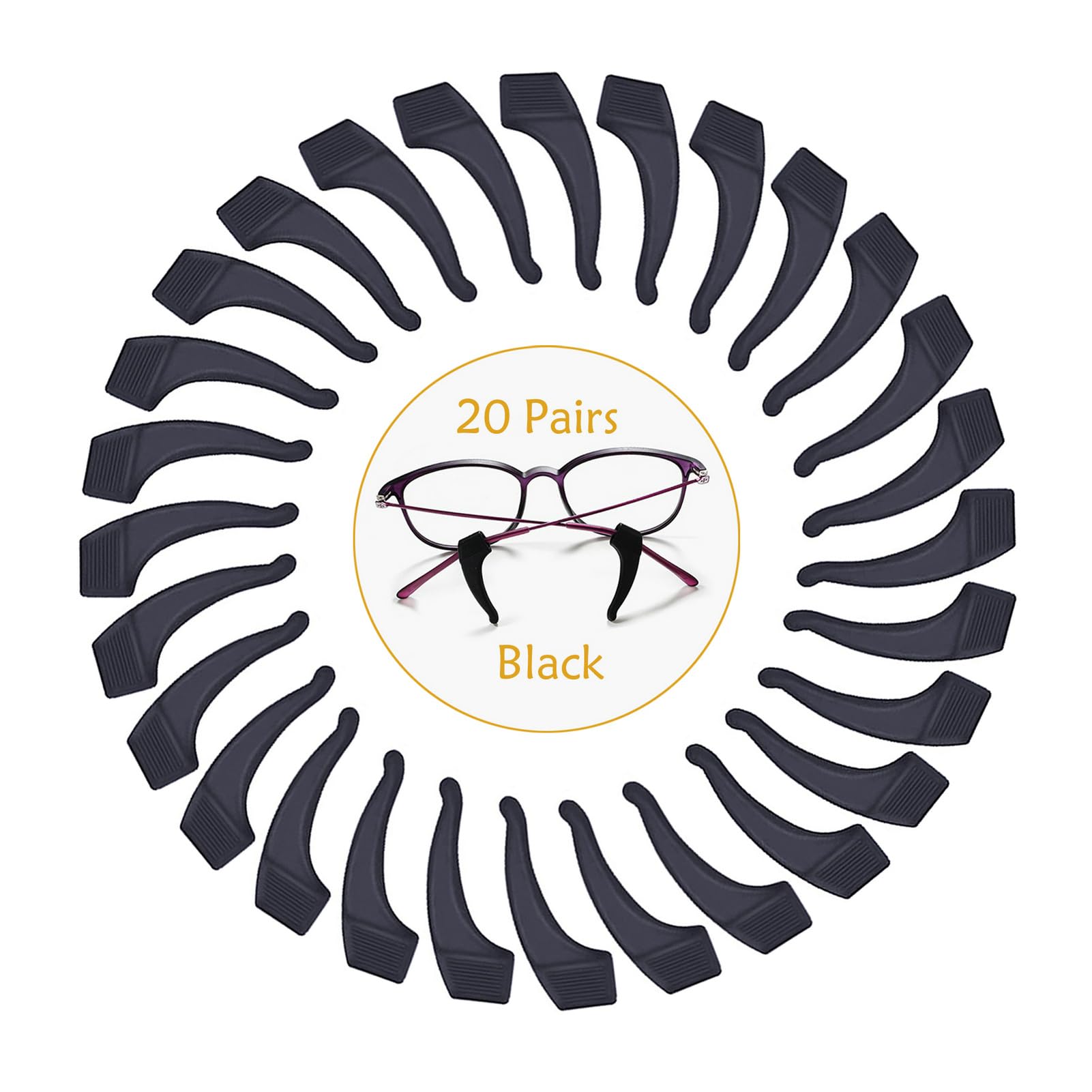 YINGFENG 20 Pairs Black Glasses Ear Grip, Comfortable Silicone Elastic Eyeglasses Temple Tips Sleeve Retainer, Silicone Ear Hook - for Eyewear Glasses, Sports Eyeglasses