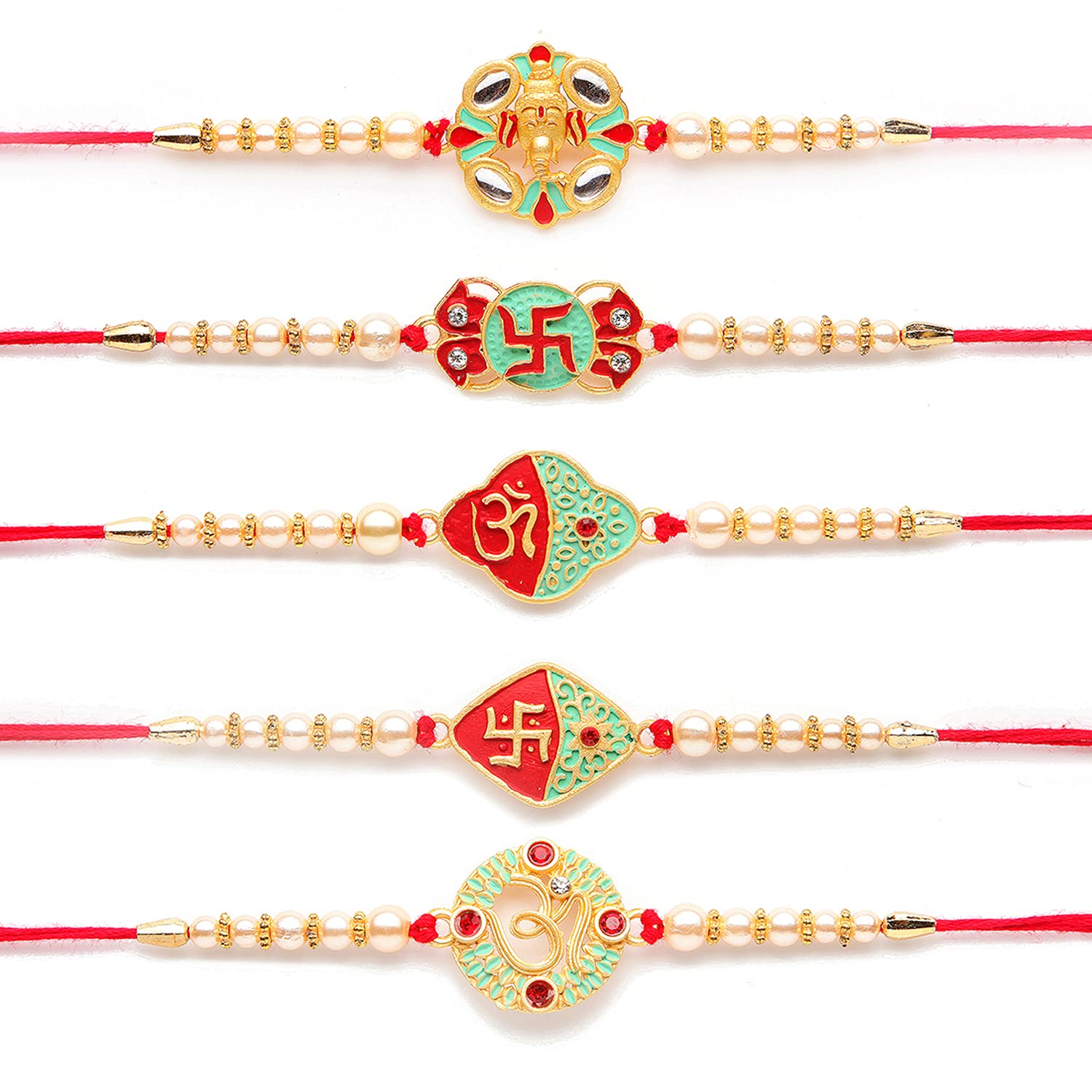 Kord Store 'Om/Ganeshji/Swastik' Design Mint Green/Ruby Mina Multi Stone Rakhi Set Of 5 For Brother