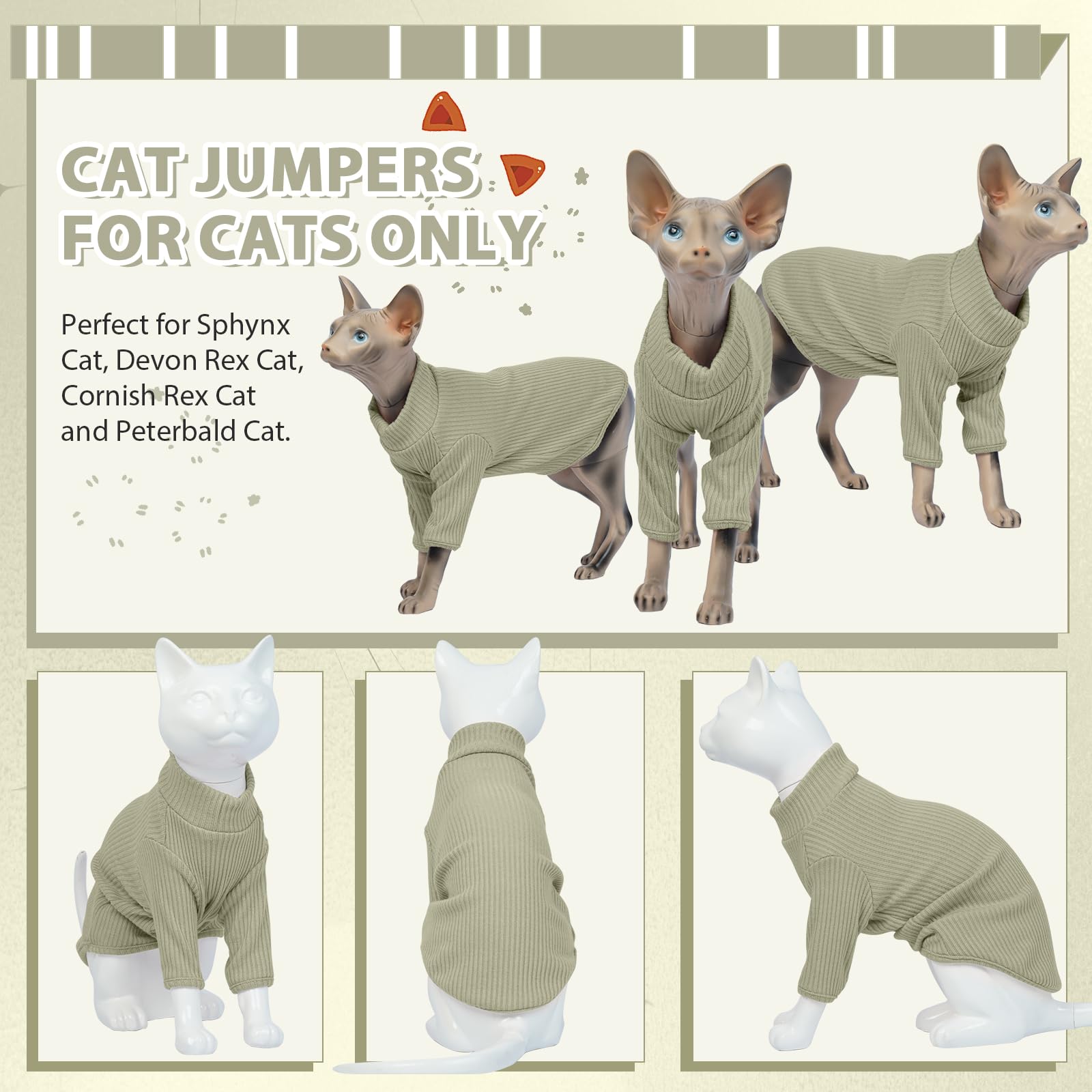 Hairless Cats Vest Turtleneck Sweater, Breathable Adorable Cat Wear Shirt Clothes, T-Shirts with Sleeves,Cat's Pajamas Jumpsuit for Sphynx, Cornish Rex, Devon Peterbald, Black — view 3