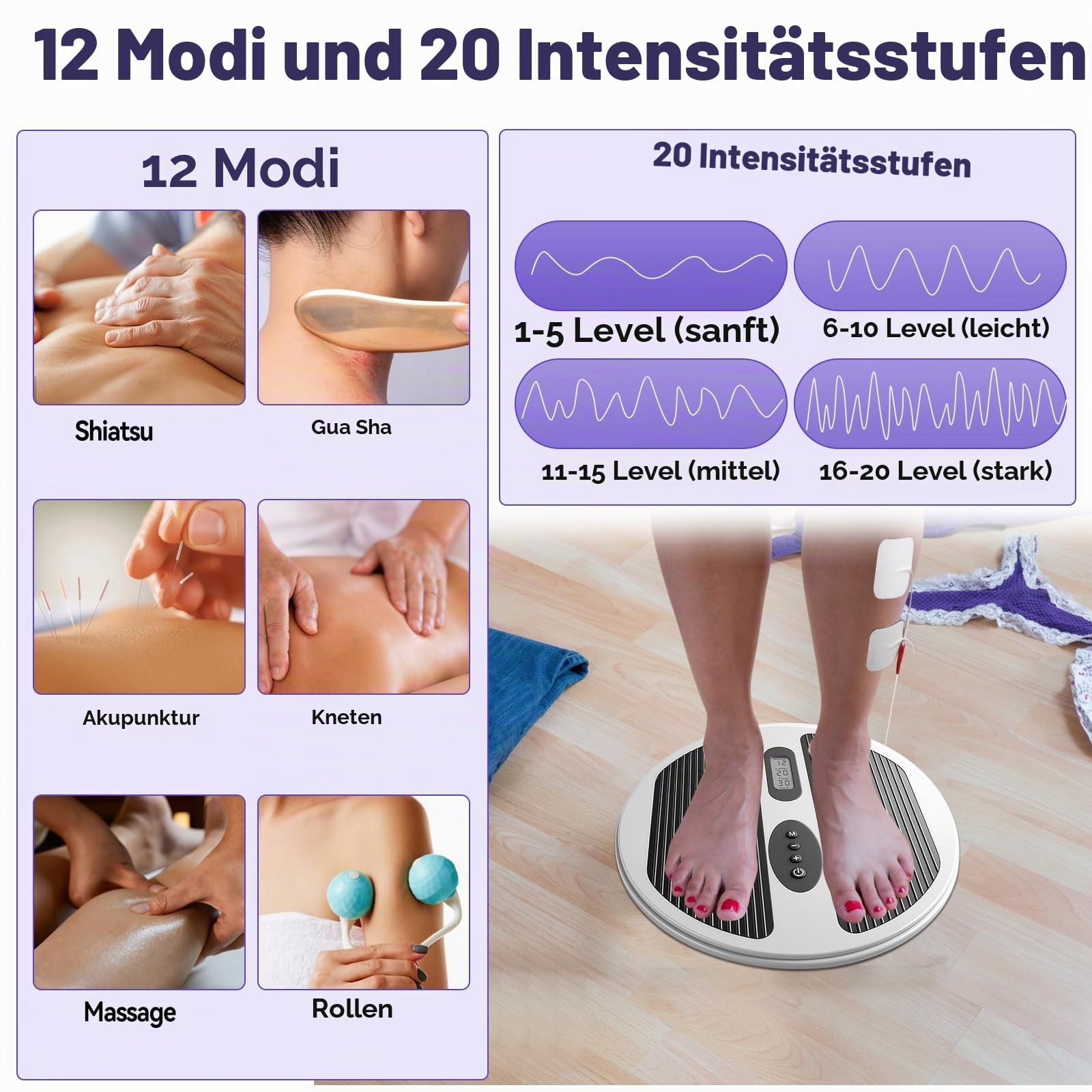 Durchblutungsstimulator für Füße & Beine, EMS & TENS Fußmassagegerät zur Blutanregung mit 4 TENS Pads zu 20 Vibrations Geschwindigkeiten, 12 Modi – Reduziert Schwellungen in Füßen und Knöcheln