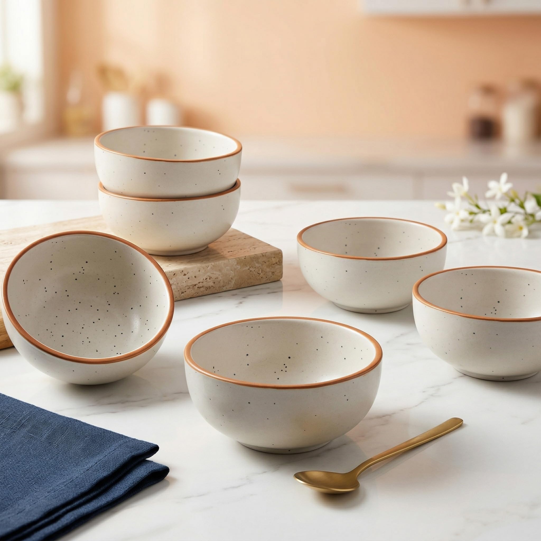White Matte Brown 150ml Ceramic Bowl, Dishwasher & Microwave Safe, Serving Bowl for Snacks, Dal, Curry, Fruits, Salad & Maggi, Serving Mixing Bowl, Perfect for Gifting - Set of 6