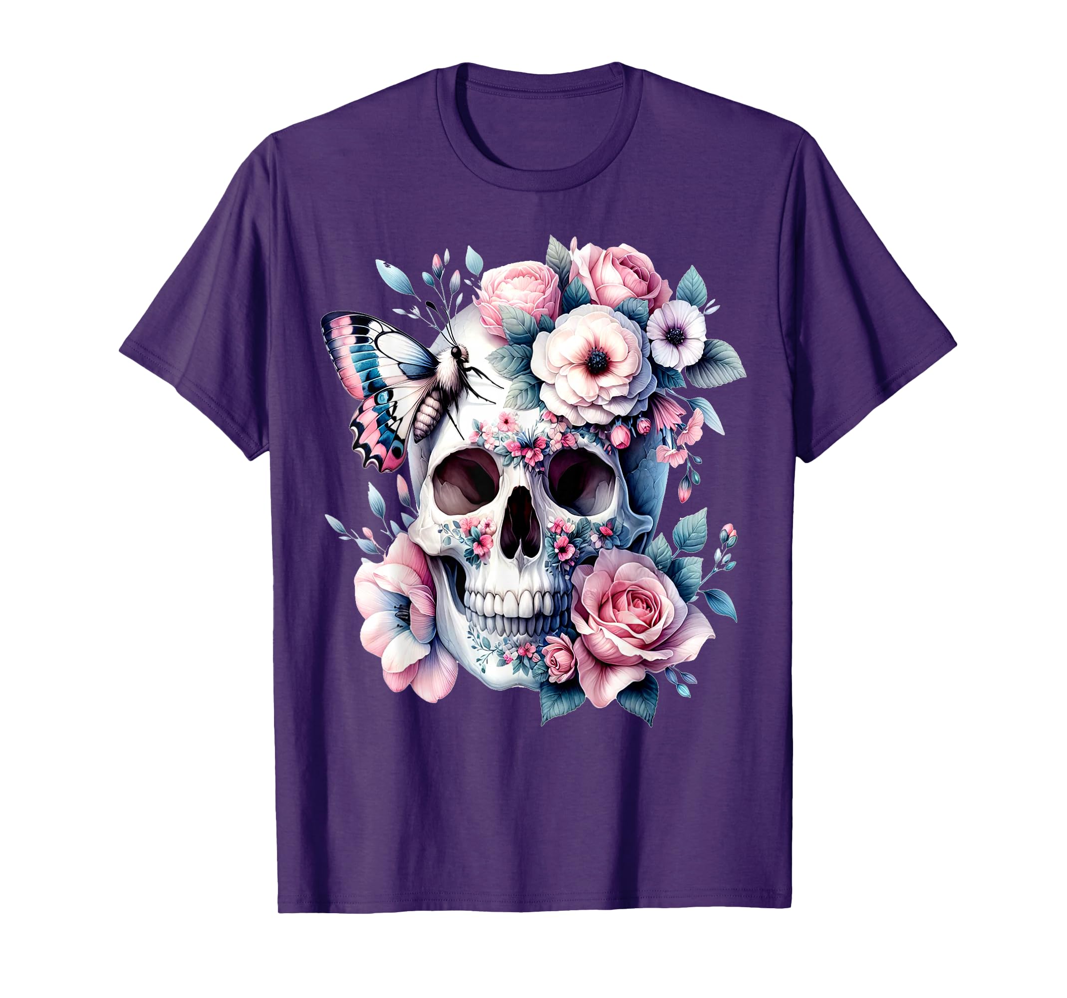 Peony Flowers Skull Butterfly Floral Pink Design Spring T-Shirt