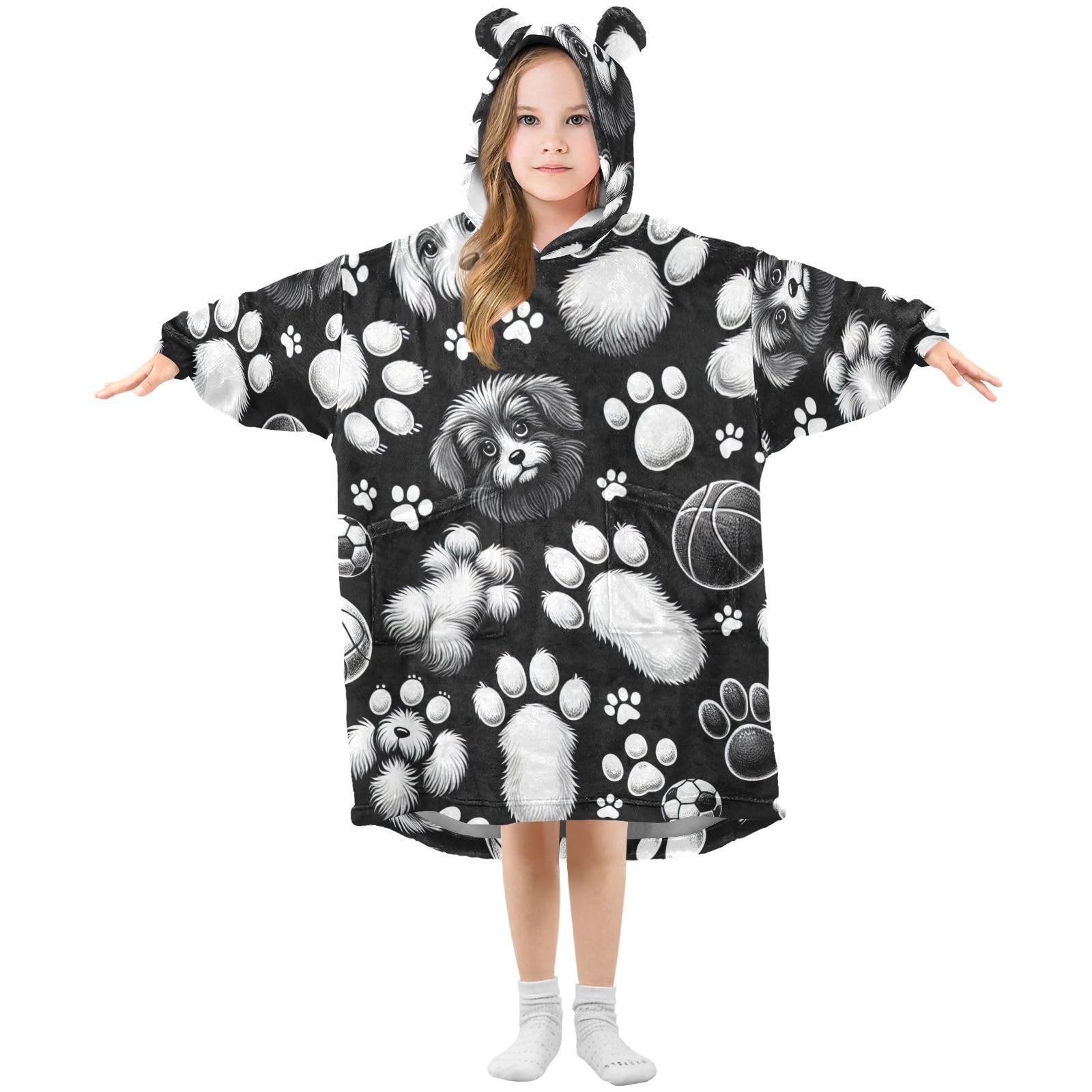 Grckit Boys A102 Paw Print Pattern Kids Wearable Blanket Hoodie Soft Sherpa Fleece Oversized Sweatshirt For Girls 3-14