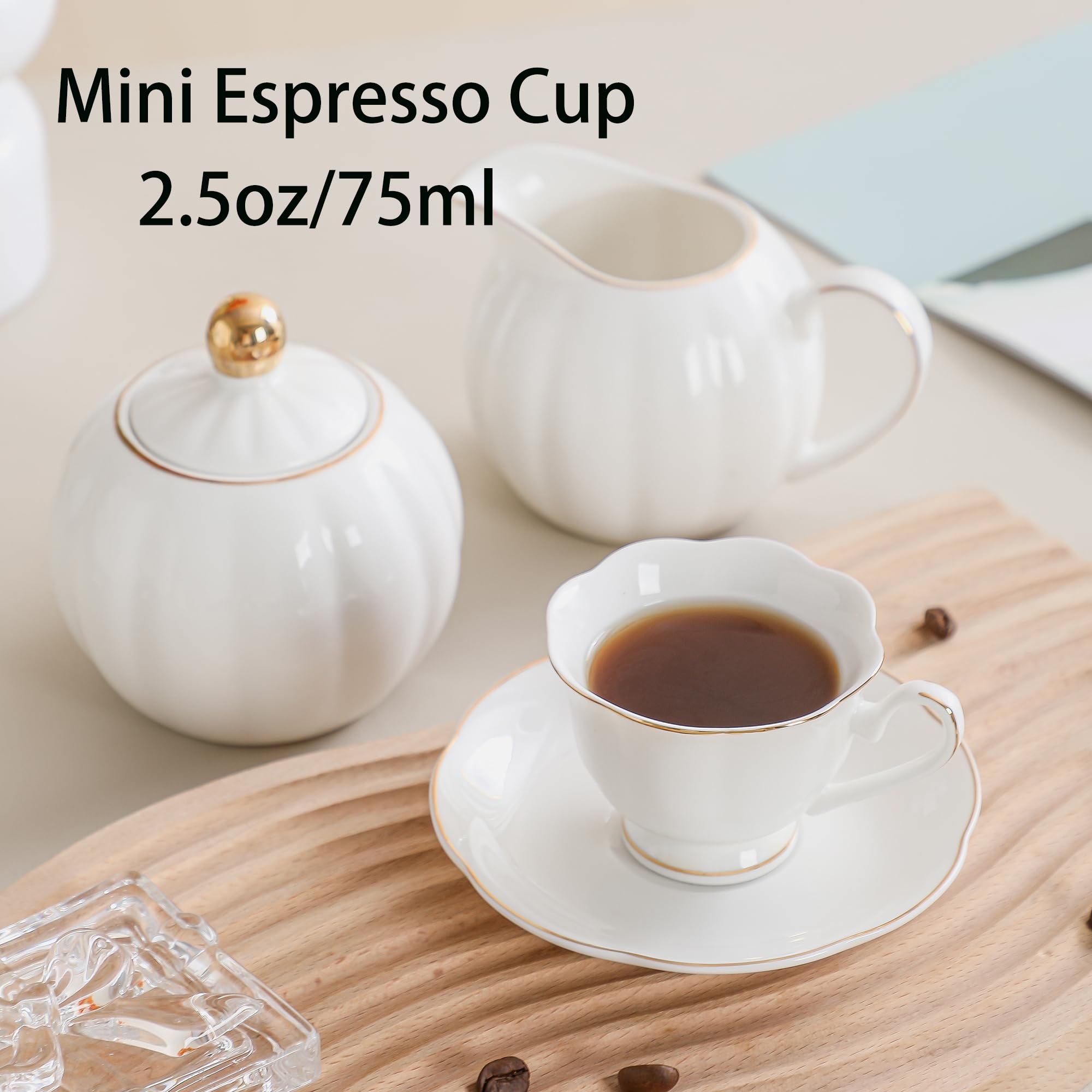 Juego Demitasse de porcelana blanca de 8 piezas, juego de tazas y platillos de 2.6 onzas, elegante diseño de ribete blanco y dorado, perfecto para espresso y café turco, regalos