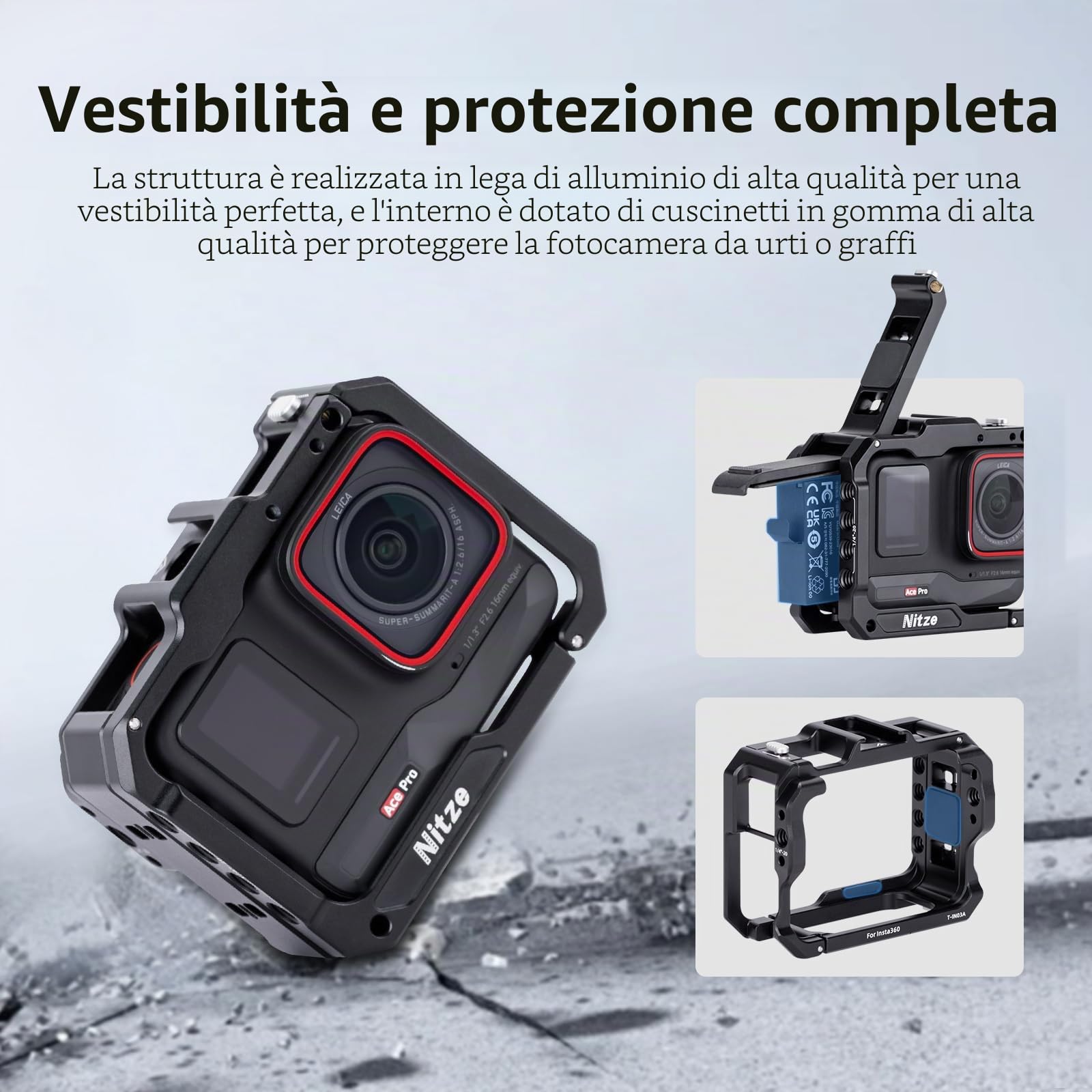 Nitze Gabbia per Insta360 Ace Pro 2/Ace Pro/Ace, Gabbia in Alluminio Verticale Orizzontale per Videocamera con Interfaccia Magnetica e Cold Shoe per Luce Video a LED - T-IN03A