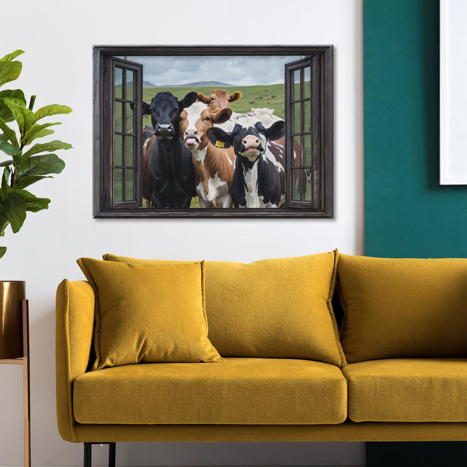 GLOKAKA Farmhouse Cow Wall Art Rustic Funny Friends in The Window Landscape Cattle Canvas Print Picture Farm Animal Painting Artwork for Bathroom Bedroom Living Room Decor - Image 3