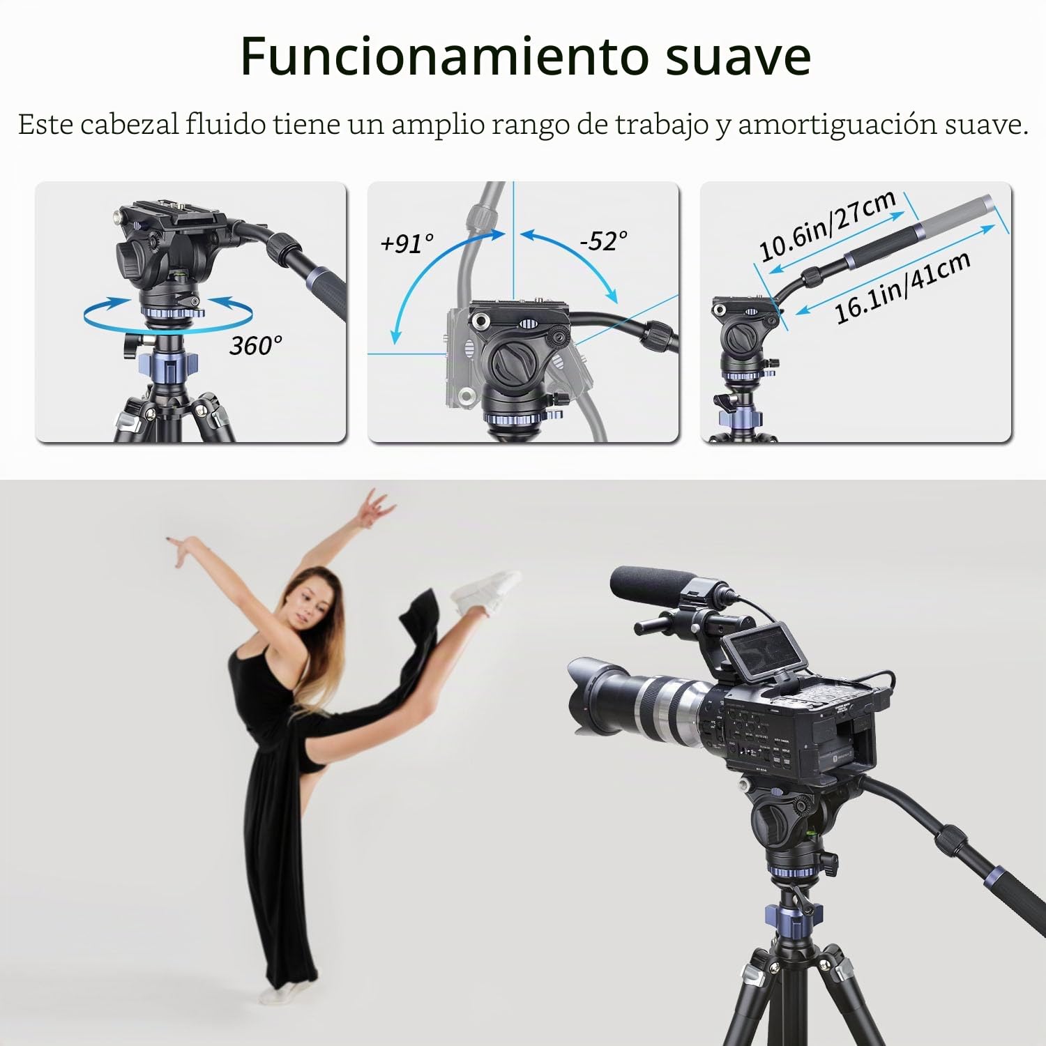 INNOREL MT70 Trípode para cámara de Video Profesional 183 cm, con Cabezal de Arrastre Fluido, trípode de Aluminio Compacto de 4 Secciones Convertible a monopié para cámara DSLR, videocámara