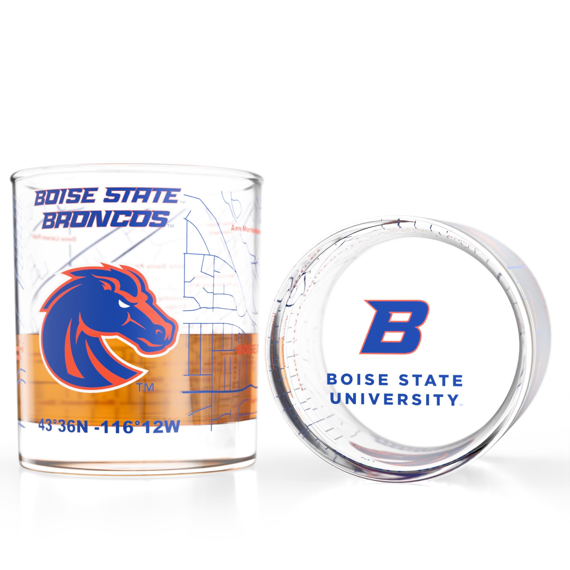 Greenline Goods Boise State University Broncos Whiskey Glasses Set of 2, 10 oz Rocks Glasses with Full-Color Logo &amp; Campus Map – Officially Licensed Bourbon Glass Gift for Alumni &amp; Fans