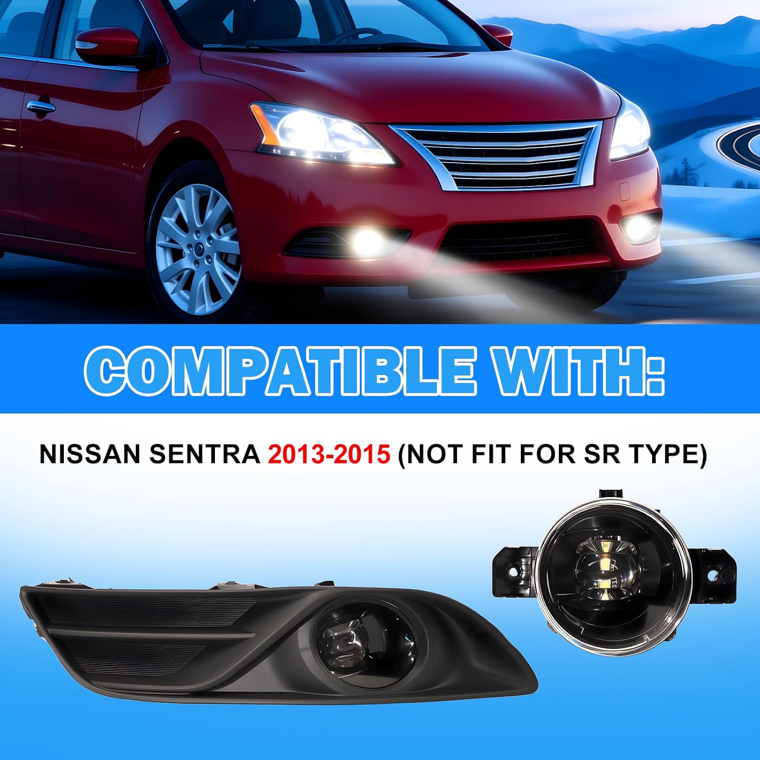 LED Fog Lights Assemblies Compatible With 2013 2014 2015 Nissan Sentra Clear Lens Front Bumper Fog Lights