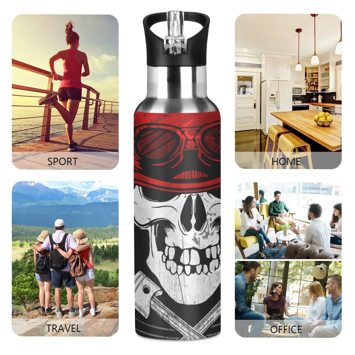 Edelstahl Wasserflasche mit Strohhalm, Halloween Totenkopf Isolierte Trinkflasche Sport Wasserflasche für Kinder Erwachsene, auslaufsicher, 1L
