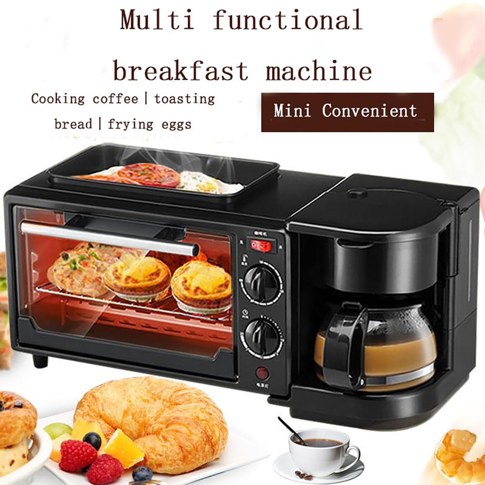 Stazione per la colazione 3 in 1, macchina per la colazione portatile, con padella antiaderente + macchina per il caffè da 400 ml, controllo della temperatura 100-230 °C + temporizzazione di 30 minu