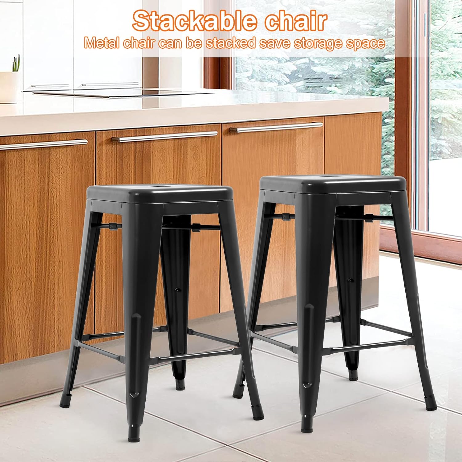 Metal Bar Stools Set of 4, Counter Height Stackable Barstools, 24 inch Indoor Outdoor Backless Patio Bar Stool Kitchen Dining Stool, 330Lbs Black