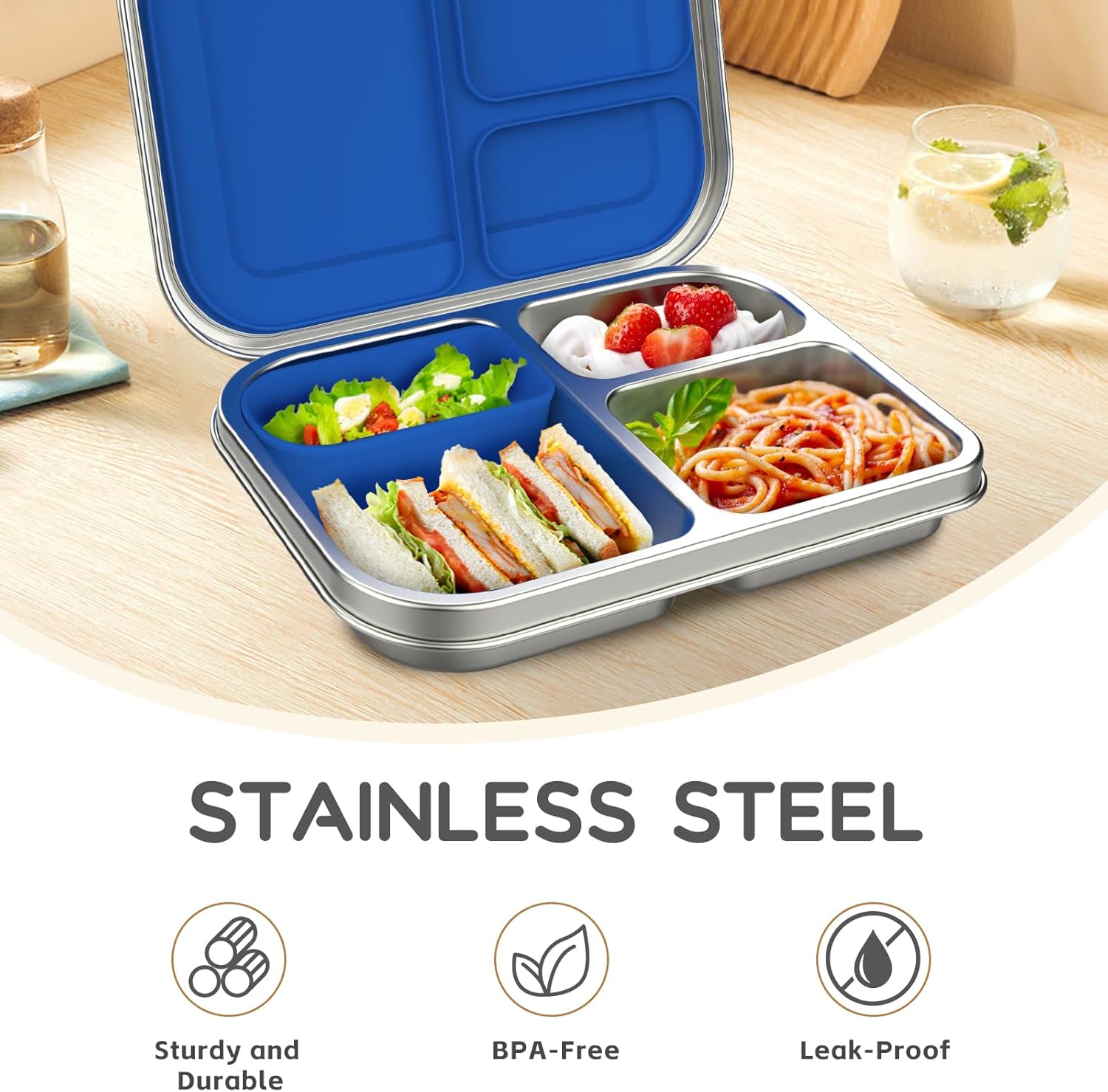 Stainless Steel Kids Leak-Resistant Bento Lunch Box, 3-Compartments with Silicone Container, Dishwasher-Safe, Child-Friendly Design for School, Picnics & Travel,BPA-Free (Blue) - Image 3