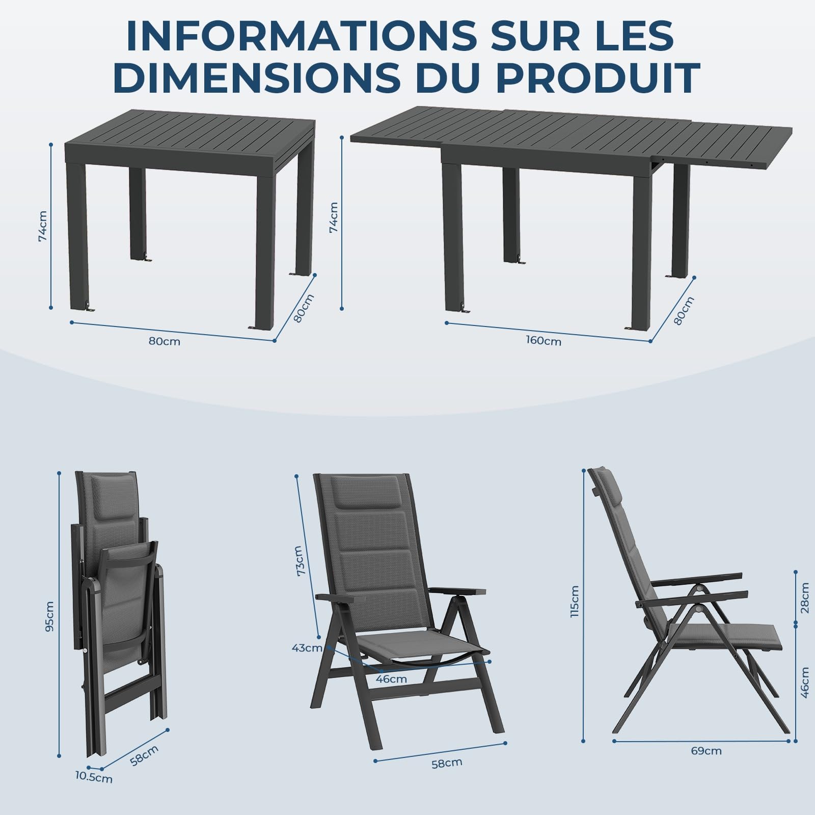 Devoko Salon de Jardin Exterieur 7 Pièces, Composé 1 Table en Aluminium et 6 Chaises Pliantes, Table de Jardin Extensible (80/160 cm), Imperméable Table de Jardin Exterieur avec Chaise, Gris