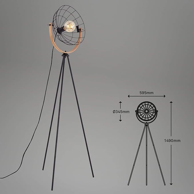 Briloner Briloner Leuchten - Floor lamp, standing lamp, studio lamp retro, vintage, 1x E27, max. 40 watts, incl. cable switch, black-wood, 595 x 1490 mm (W x H), 1385-015 photo 3