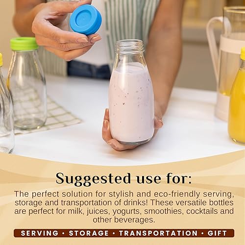 Miniatura 6 de Botellas de leche de vidrio de 10 onzas con tapas y popotes (paquete de 9) pequeños vasos herméticos con tapas, botellas reutilizables para jugos de