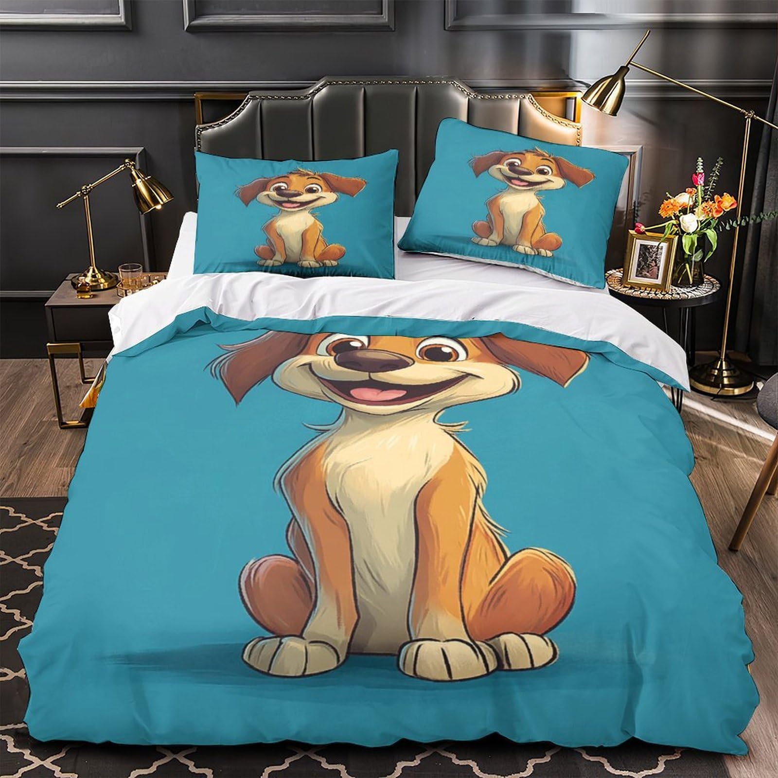 Housse de couette chiot 3D 200x200 cm en microfibre avec 2 taies d'oreiller