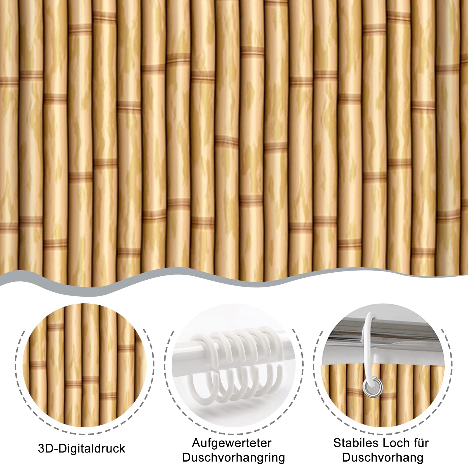 AMDXD Duschvorhang 180x200cm, Verwelkt Bambus Badewannenvorhang aus Polyester Stoff mit 12 Duschvorhangringen, für Badewanne Badezimmer, Waschbar, Schnelltrocknend, Anti-Schimmel, Braun 71X79″