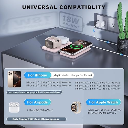 Miniatura 10 de Cargador inalámbrico para iPhone - Estación de carga 3 en 1 para dispositivos Apple, almohadilla de carga magnética de viaje para iPhone 15, 14, 13,