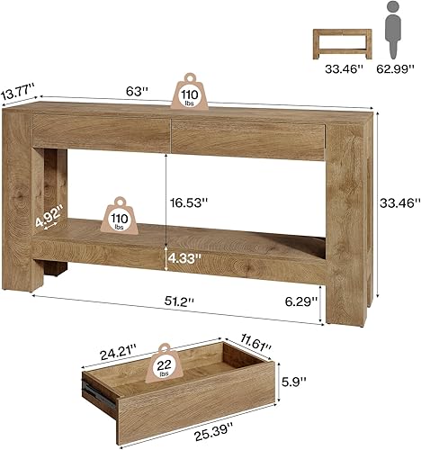 Miniatura 2 de Tribesigns Mesa consola de 63 pulgadas con 2 cajones, mesa de entrada de granja con estante de almacenamiento y patas resistentes, mesa de sofá de
