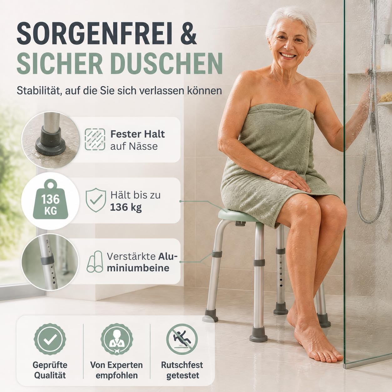Duschhocker Duschstuhl für Senioren rutschfest | 360° drehbar mit Brausehalterung. Bis 136 kg. Höhenverstellbar. Badhocker, Hocker