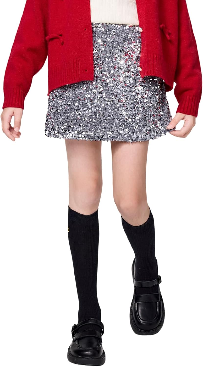 Girls Sparkly Sequin A Line Skirt Kids Elastics Waist Shiny Skirt with Built in Shorts for Party Birthday - Image 4
