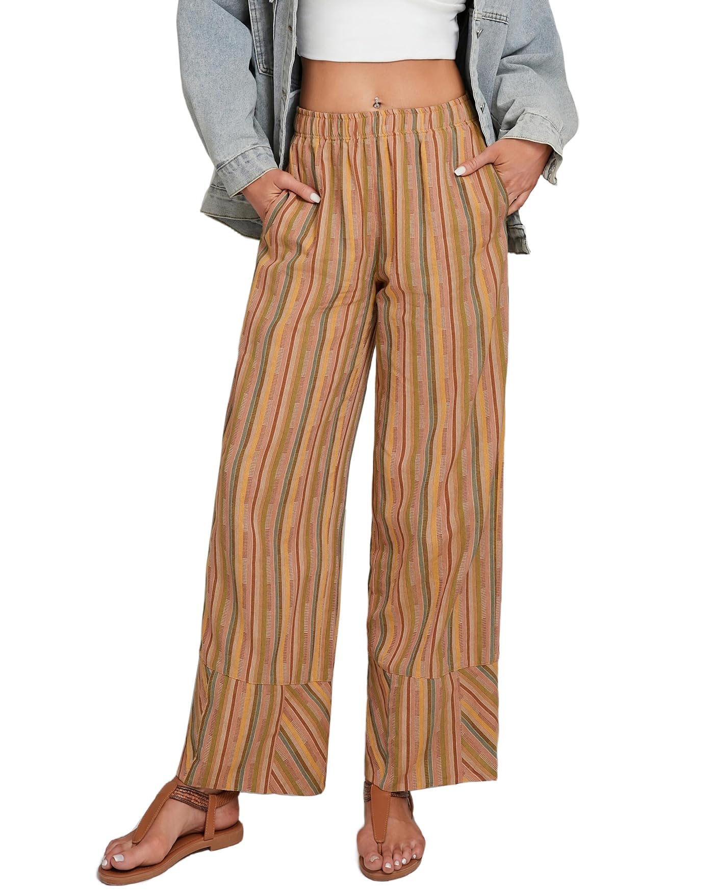 Striped Palazzo Pants for Women Summer Casual Elastic High Waisted Wide Leg Beach Pants Travel Vacation Outfits