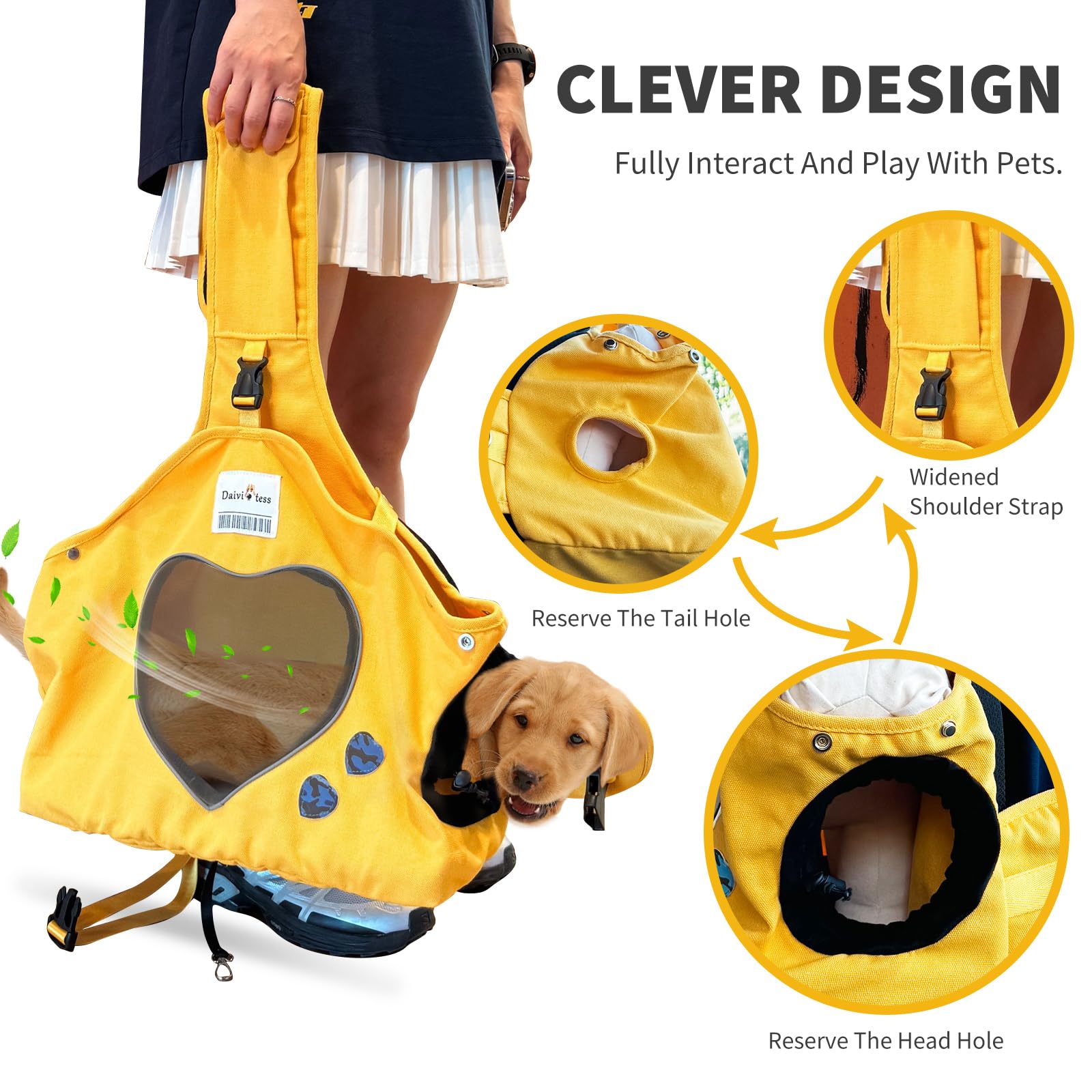 PETCUTE Borsa da trasporto per cani regolabile, tracolla ergonomica a mani libere per animali medi (10 kg max.) - Uso esterno/viaggio/metropolitana (giallo)