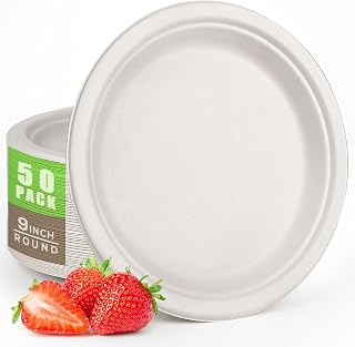 Gezond Compostable Paper Plates 9 Inch Heavy Duty Plates Bulk 50-Pack, Natural Disposable Bagasse Plate Unbleached, Biodegradable Paper Plate for Party Picnic, White