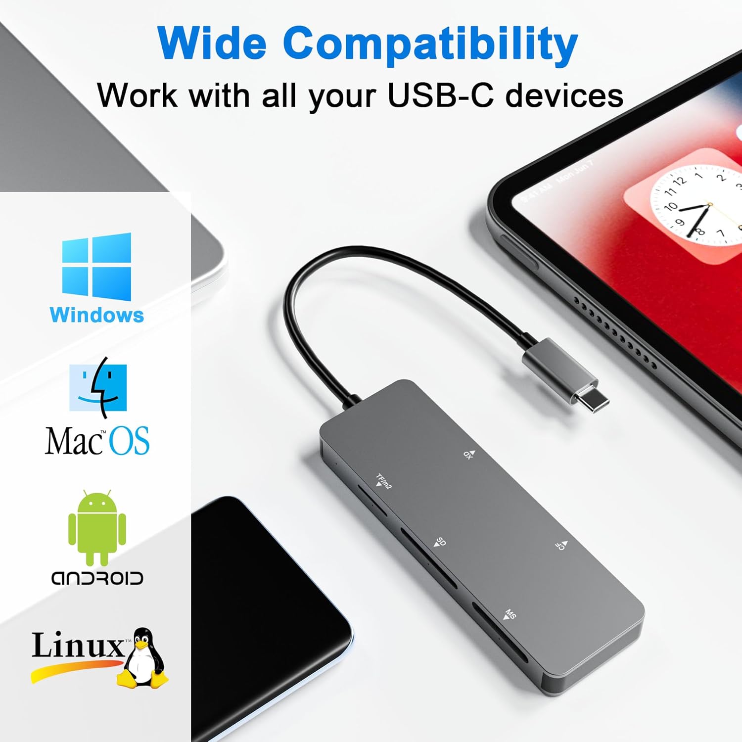 USB-C XD Picture Card Reader, 5Gbps 6-in-1 High Speed Card Reader for TF/SD/MS/M2/XD/CF, USB C XD Memory Card Reader Compatible with Olympus & Fujifilm XD Cards (1GB/2GB)