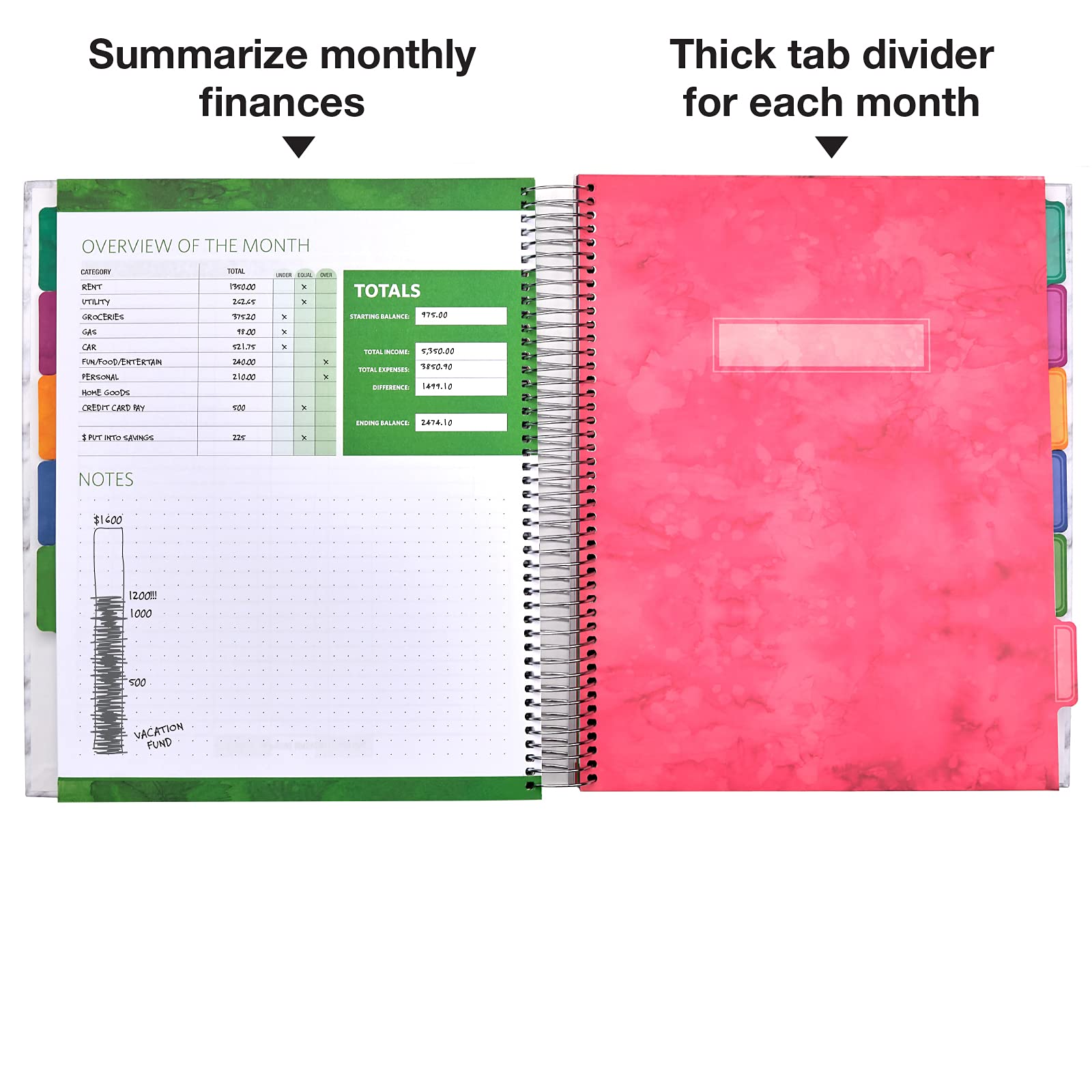 Global Printed Products Agenda per bilancio e mensile con 12 buste e tasche. Taccuino per tenere traccia delle spese e agenda finanziaria per controllare i tuoi soldi, 21,6 x 27,9 cm, marmo rosa