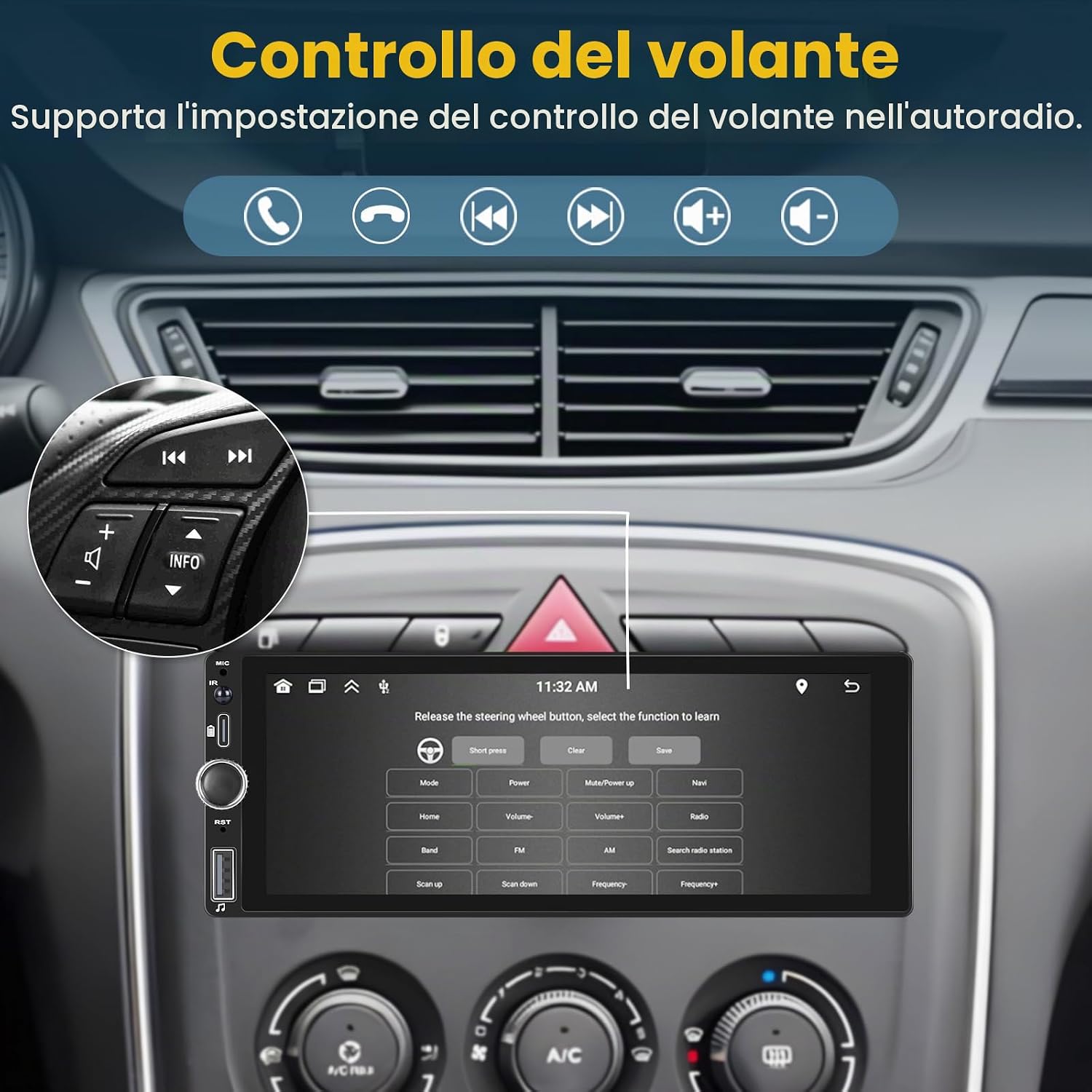 Car interior showing a steering wheel with control buttons and the car stereo display with SWC settings.