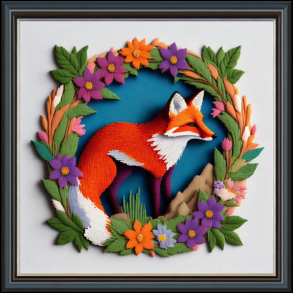 Funxvoot Stamped Cross Stitch Kits Beginners Full Range of Embroidery Starter Kits for Adults Printed Cross Stitching DIY kit (Colorful Wreath Fox 17.7x17.7 inch)