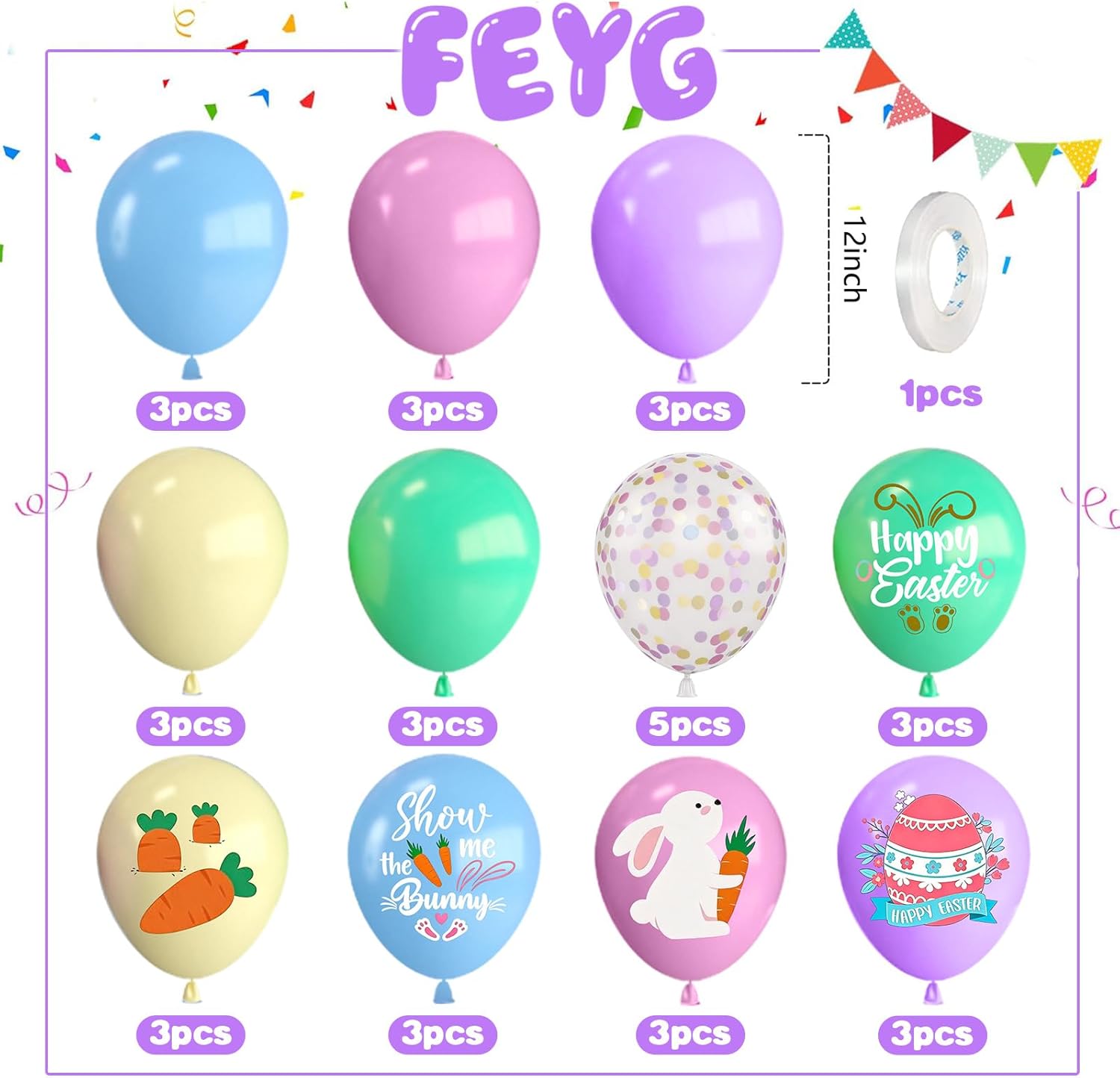 Pastel Easter Balloons,12 Inch Macaron Pink Blue Purple Green Yellow Balloon Printed Easter Eggs Bunny with Colorful Confetti Balloons for Spring Easter Birthday Theme Party Decorations