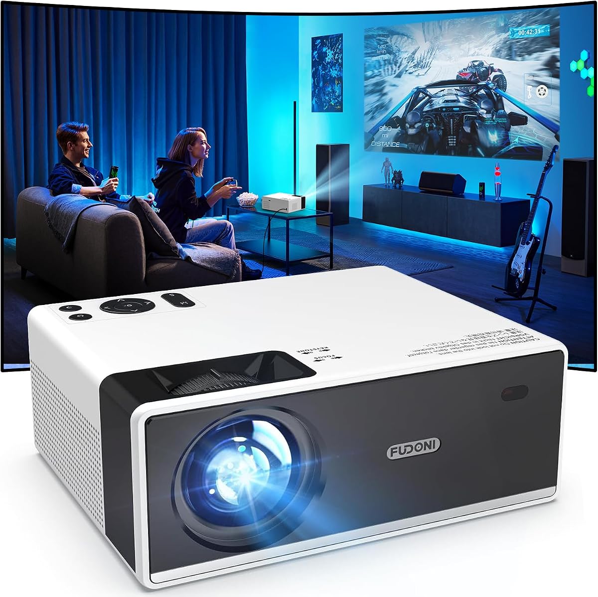 Proyector FUDONI con WiFi y Bluetooth, proyector de cine en casa nativo 1080P | Brillo de 300 ANSI, pantalla máxima de 300", uso en interiores y exteriores, compatible con 4K, compatible con HDMI, USB, teléfono, computadora portátil y TV Stick