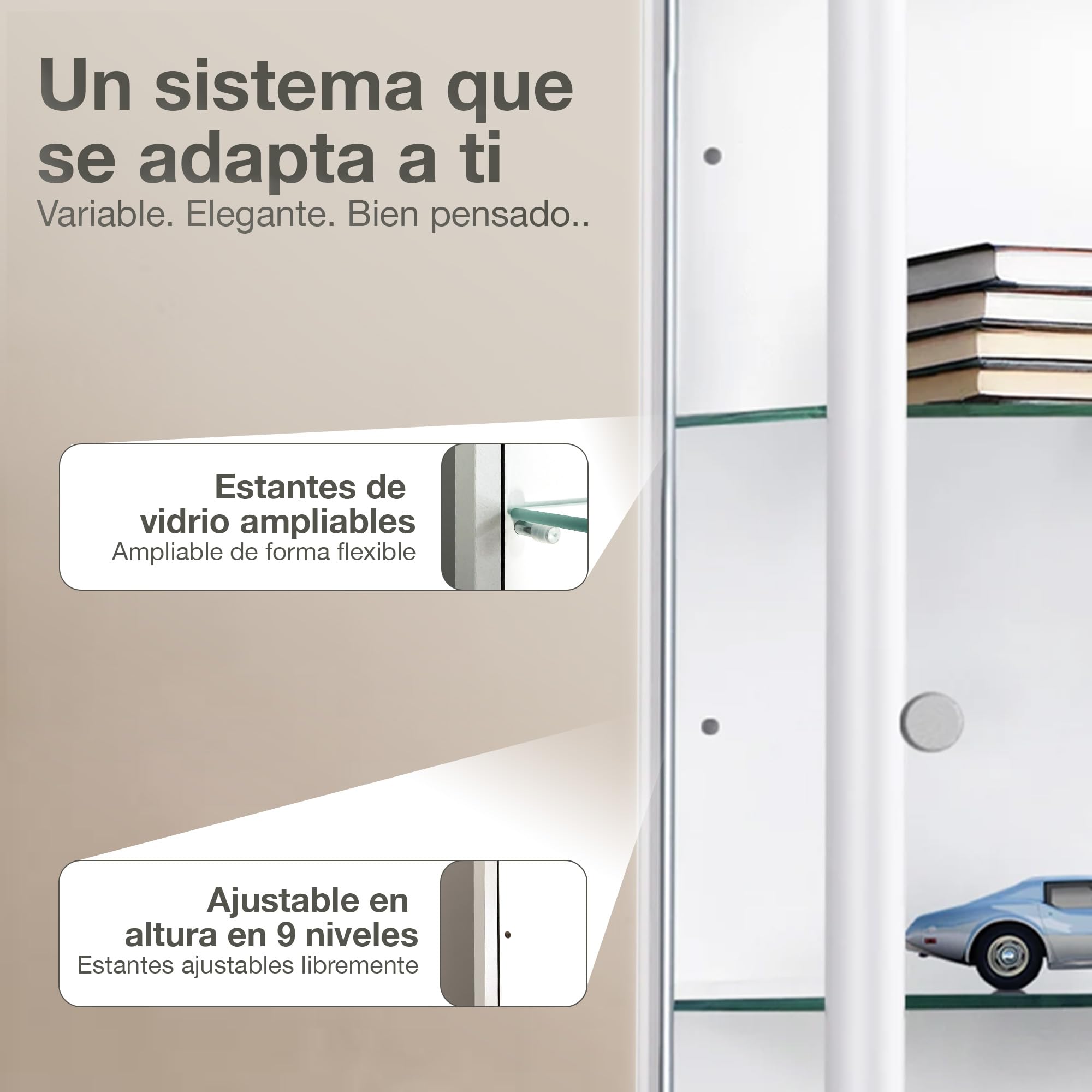 Vitrina de Cristal Blanca (176x67x33 cm) con 4 estantes de Cristal Regulables en Altura & LED - Vitrina Blanca Modelo Coche - Vitrina de colección