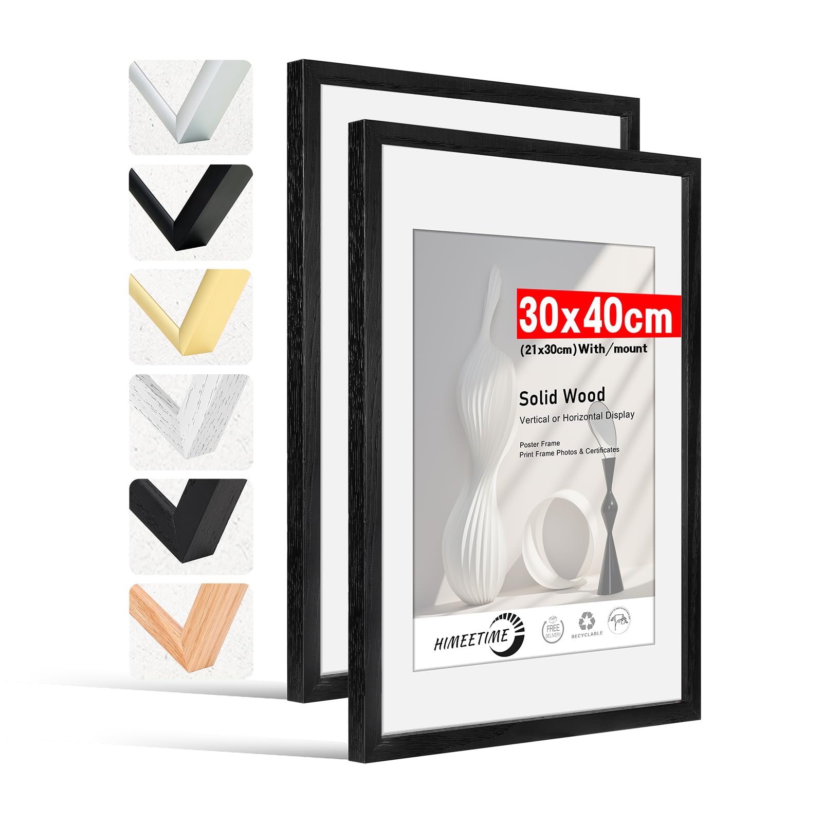HIMEETIME® 2x Marco de fotos 30x40 cm Negro de Madera marcos cuadros con soporte de A4 (21x 29.7cm),Para Decoración de Pared y Decoración hogar marco 30x40 cm