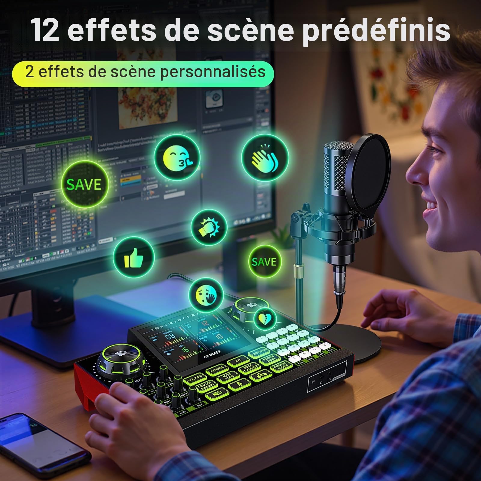 TENLAMP G9 Kit Podcast – Table de Mixage Live Sound Board, Micro condensateur 3,5mm avec Support, Changeur de Voix, Réverbération, Réduction de Bruit, Monitoring – pour PC, Smartphone, Streaming