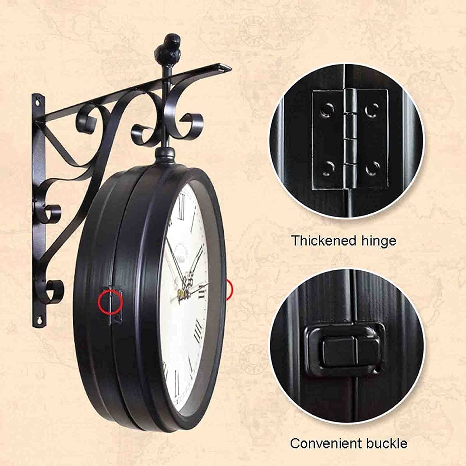 XJBTBA Reloj de Pared Reloj de Pared de Doble Cara de 12 Pulgadas, Hierro Forjado, Metal, silencioso, fácil de Leer, Reloj de estación de Dos Caras para jardín, decoración del hogar, Interior,