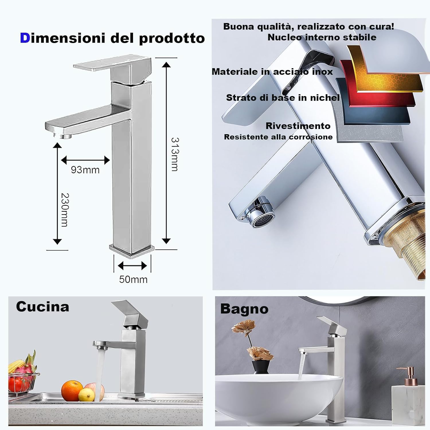 rubinetto di miscelazione in acciaio inox caldo e freddo di alto stile, antigoccia con miscelatore monocomando silenzioso per bagno, lavabo, piccola cucina (spazzolato-h)