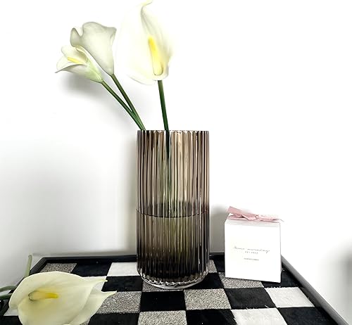 Miniatura 3 de Jarrón de flores, moderno jarrón redondo grande de vidrio acanalado marrón para decoración de escritorio de oficina en casa