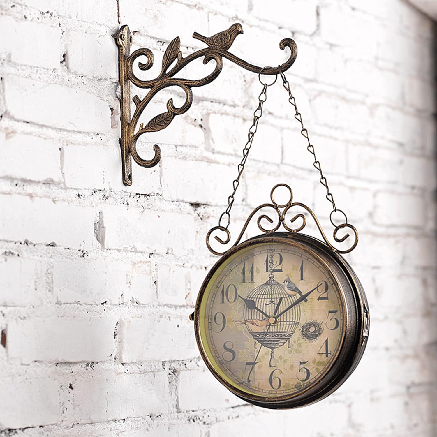 Outdoor Garden Wall Clock, Double Sided Station Wall Mounted Clock Antique-Look Bracket Garden Clock Waterproof Clock Indoor Outdoor Decoration