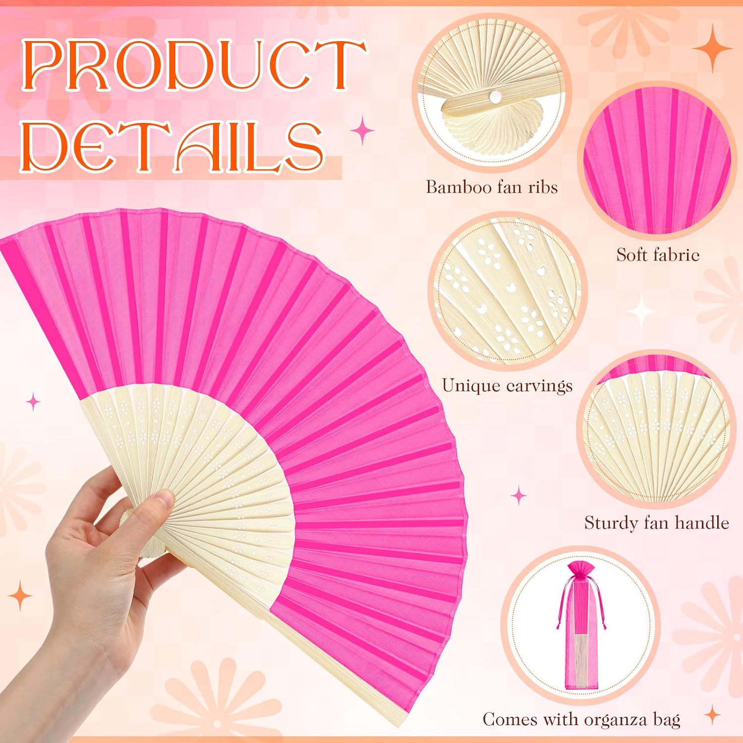 24 Pack Pink and Orange Folding Hand Fans 8.26 Inch Portable Small Handheld Fan with Organza Bag for Tequila Sunrise Sunset Birthday Party Decoration Baby Shower DIY Crafts Photography Props