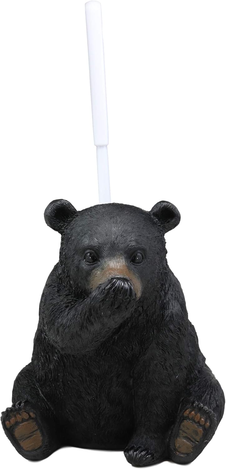 Ebros 14.5" Tall Whimsical Funny Forest Mountain Black Bear Covering Nose Toilet Brush Scrub and Base Holder Bathroom Gift 2 Piece Set Statue Rustic Cabin Lodge Bears Decor Accent Figurine