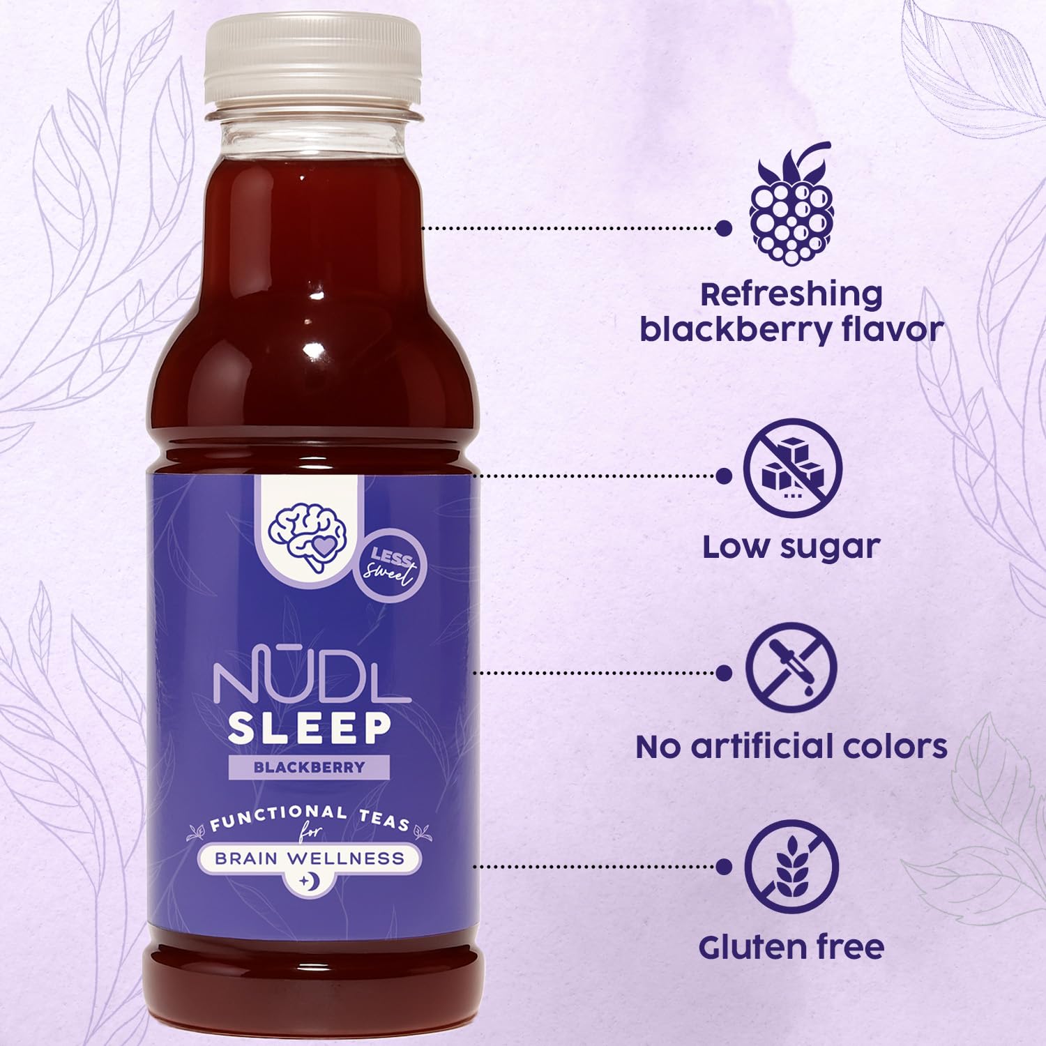 NŪDL Functional Blackberry Sleepy Tea – Relaxing Bedtime Tea with L-Theanine, 5-HTP & Magnesium, Low-Sugar Blackberry Iced Tea, Bottled Black Iced Tea, Healthy Drink for Adults – 12 Pack