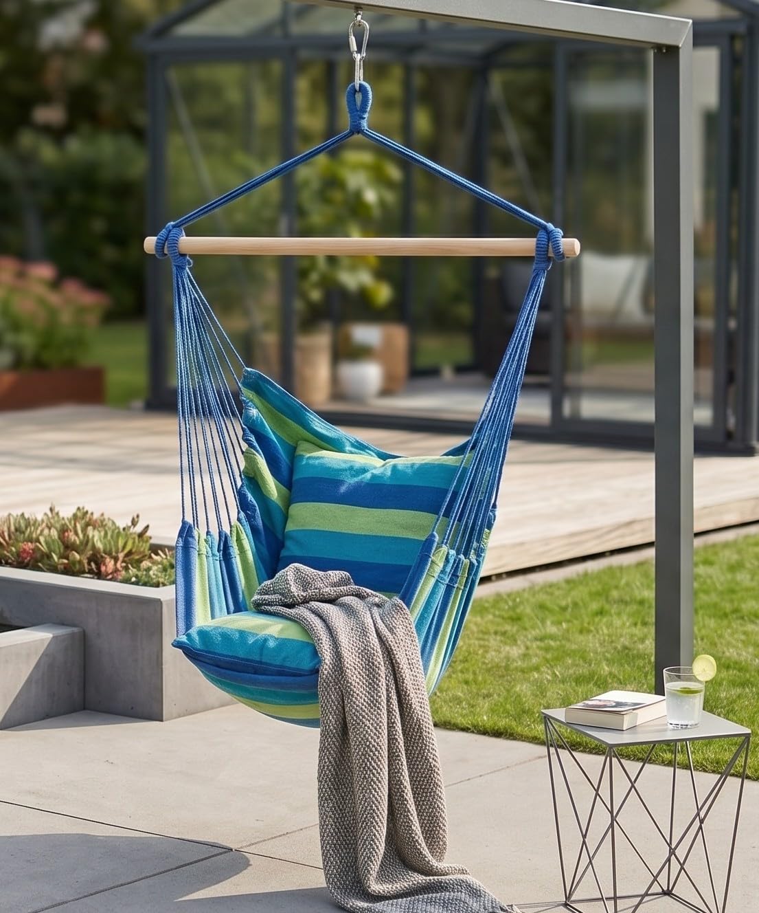 Jet-Line | Relax IV | Hamaca | Hamaca | Silla colgante | Interior | Exterior | con travesaño de madera | Silla colgante | Asiento mecedora | Azul | Rayas | 2 Cojines
