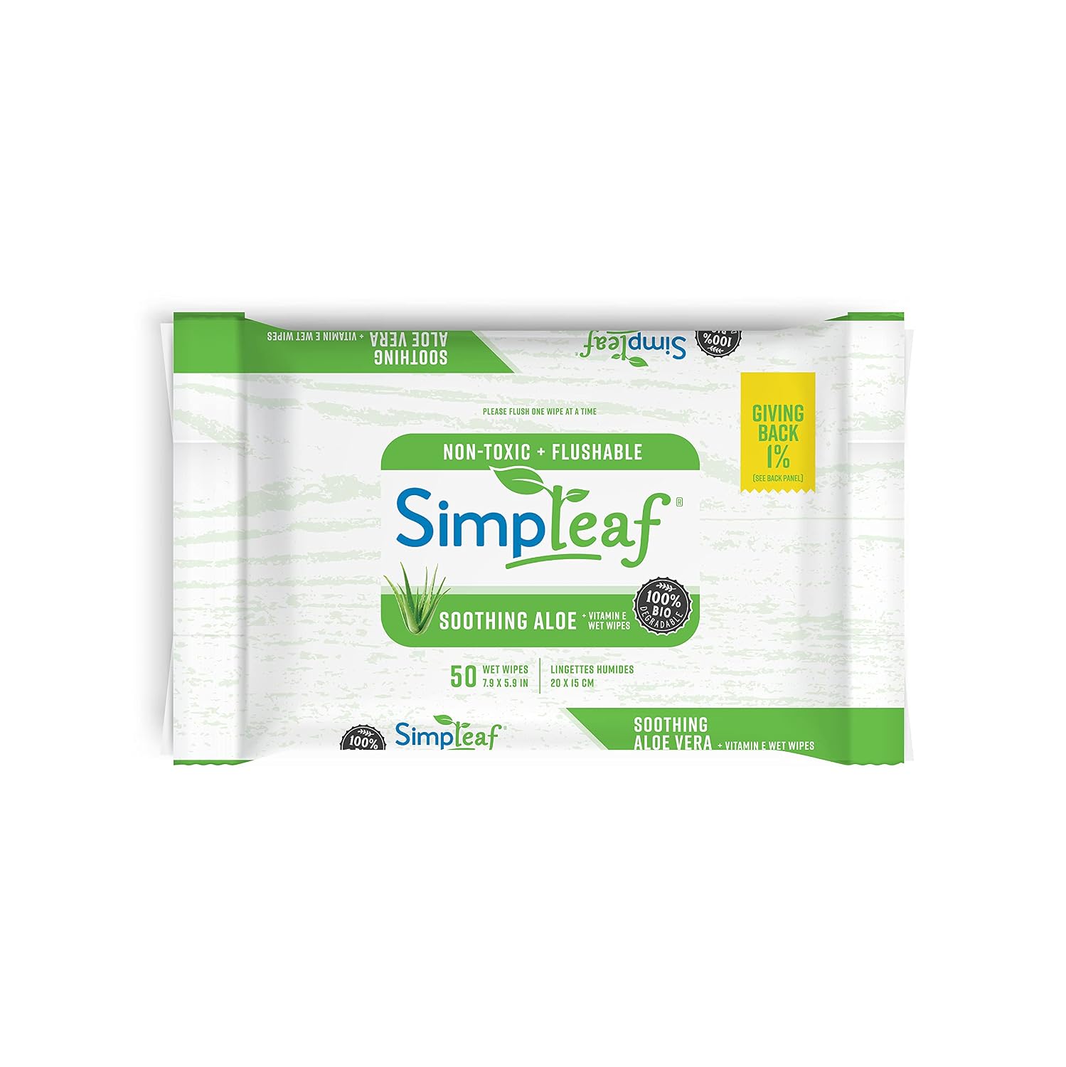 Simpleaf Flushable Wet Wipes | Eco- Friendly, Paraben & Alcohol Free | Hypoallergenic & Safe for Sensitive Skin | Soothing Aloe Vera & Vitamin E Formula | (50-Count) 1 Pack