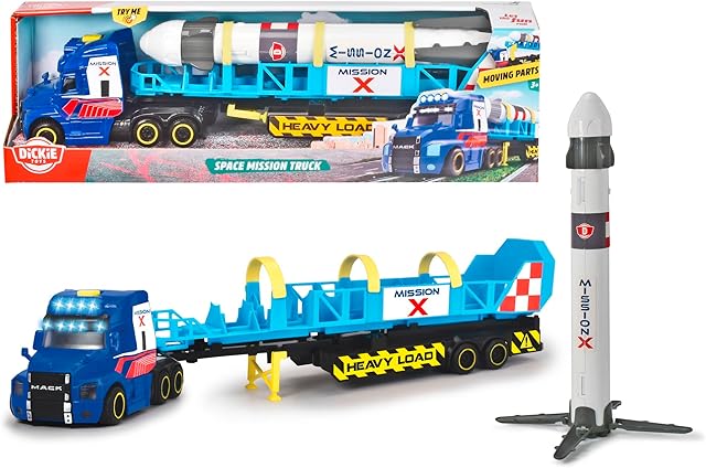 Dickie Toys 203747010 Space Mission Truck Transporter do ciężkich ciężarówek, duży samochód ciężarowy z przyczepą i ładunkiem, ze światłem i dźwiękiem, laweta dla dzieci od 3 lat