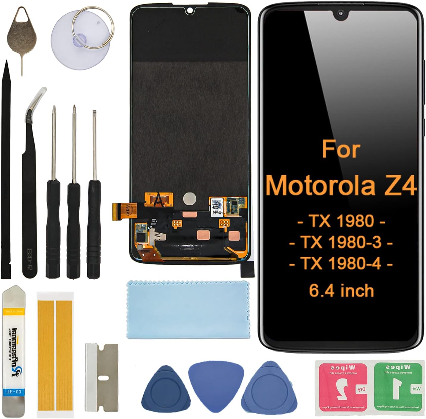 OLED Screen Replacement for Motorola Z4 6.4'' XT1980 XT1980-3 XT1980-4 Assembly LCD Display Touch Screen Digitizer with Tools (Not for Z4 Play)